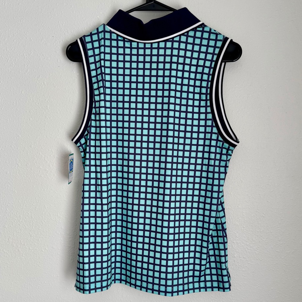 Lillie Green Women's Sleeveless Golf Polo Shirt - Navy Aqua Grid Pattern - Picture 5 of 7